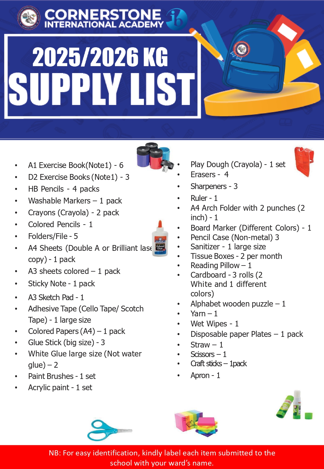 Kindgarten supply list
