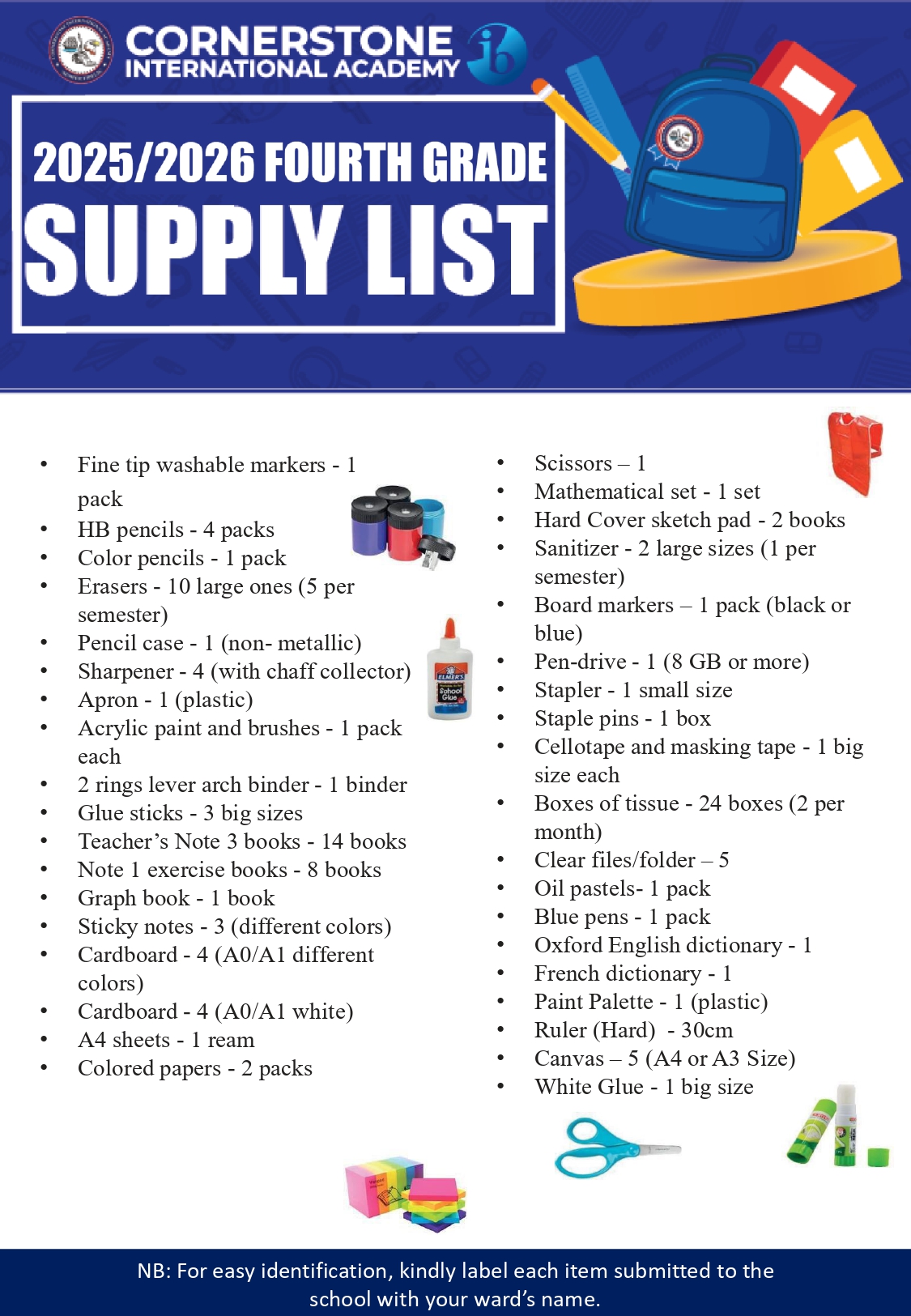 Fourth Grade supply list
