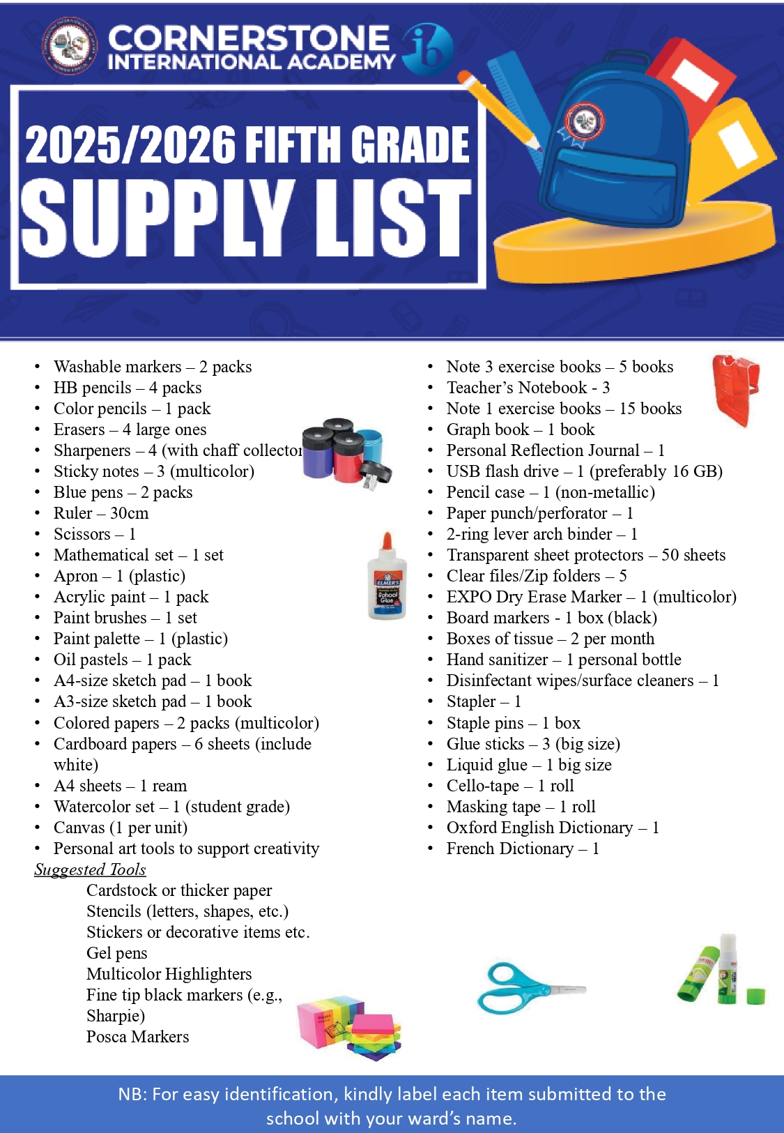 Fifth Grade supply list